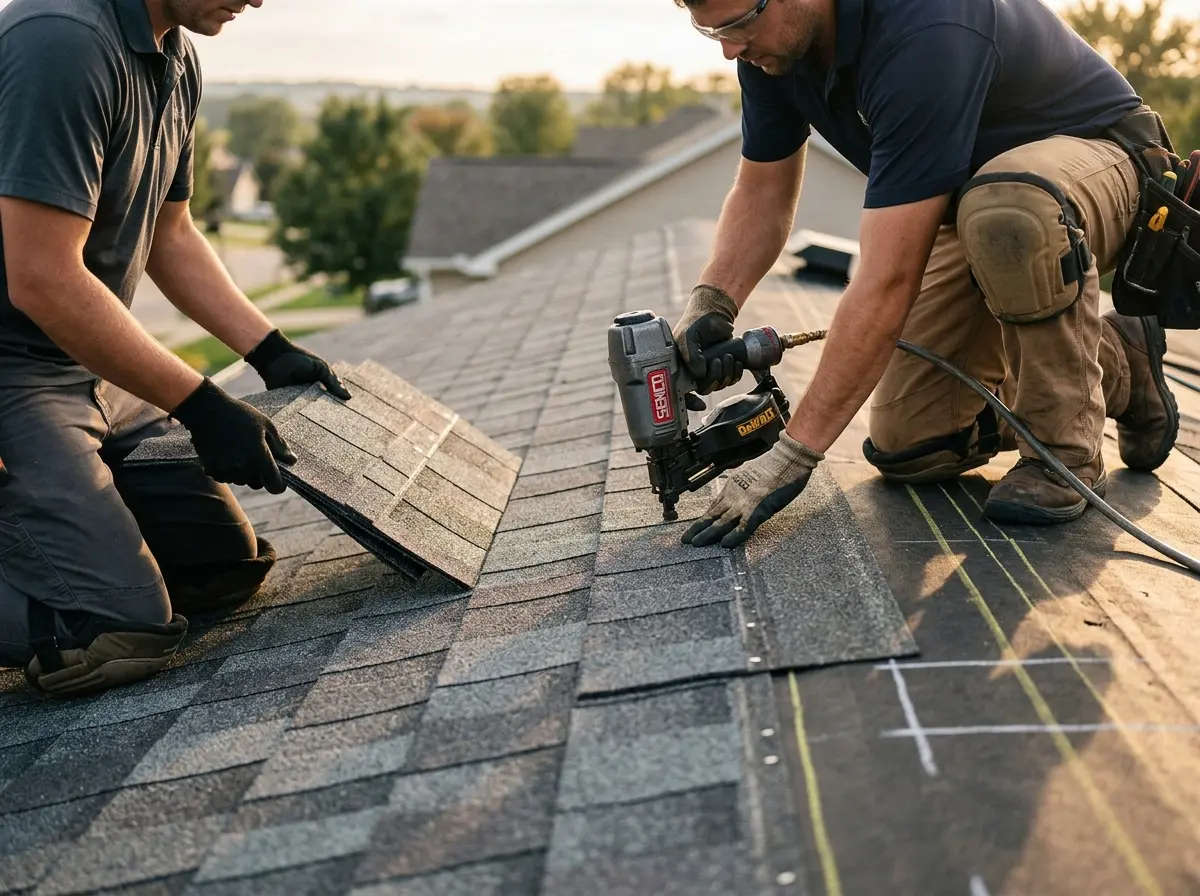 Professional roofer working on a residential roof in Mays Chapel
